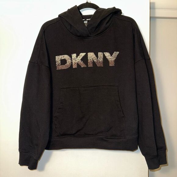 DKNY XL Women’s Sequin Logo Hooded Long Sleeve Pullover Sweatshirt EUC - Picture 1 of 8